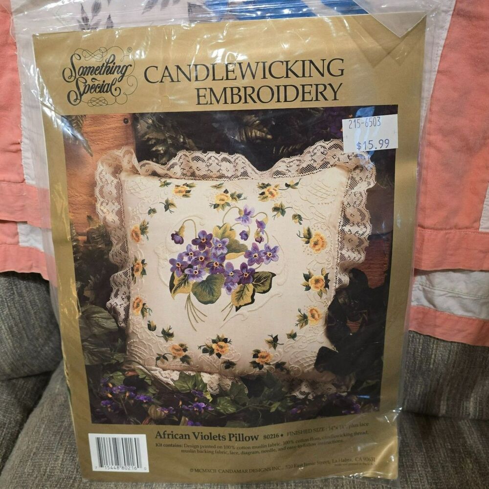 Vintage Something Special Candlewicking Embroidery African Violets Pillow Kit